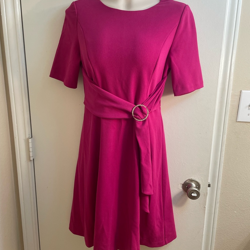 Adrianna Papell Fuchsia Short Sleeve Belted Dress - 2 Rhinestones Missing